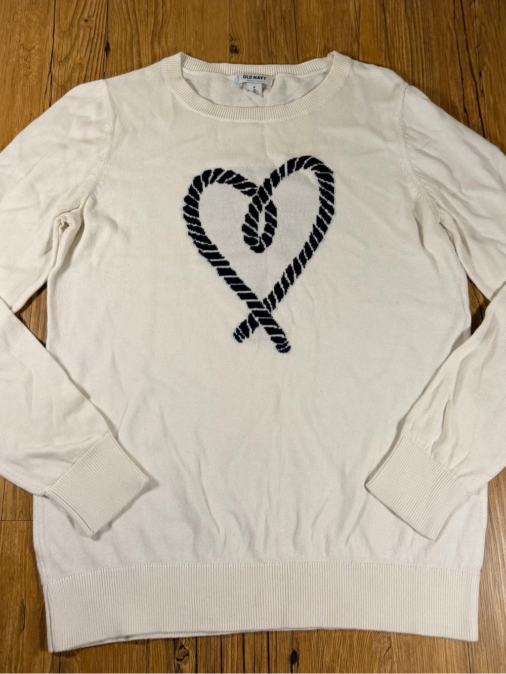 Old Navy Women’s Medium Cream Navy Rope Heart Graphic Pullover Sweater